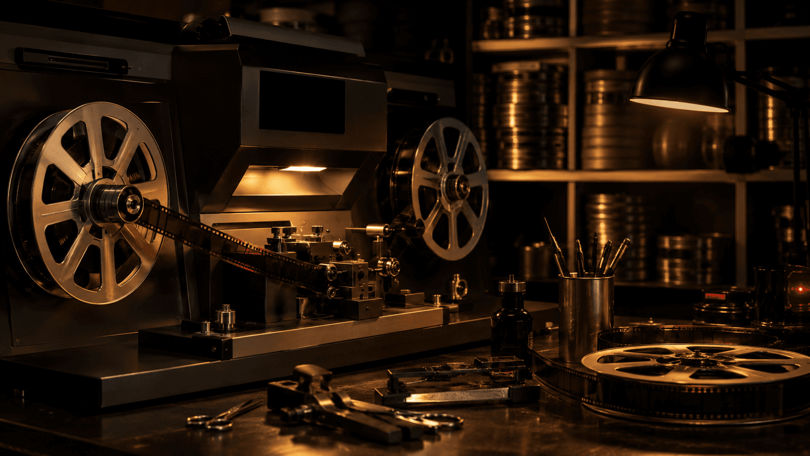 Laboratorio de restauración con rollos de película y escáner