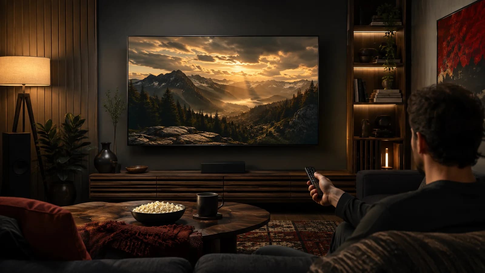 Ilustración de una sesión de cine doméstica con luces y sombras en la pantalla