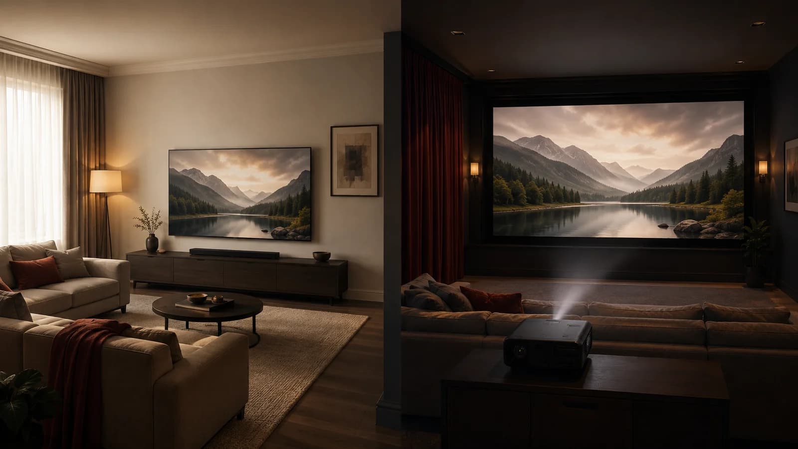 Ilustración comparativa de un salón con televisor y una sala doméstica preparada para proyección