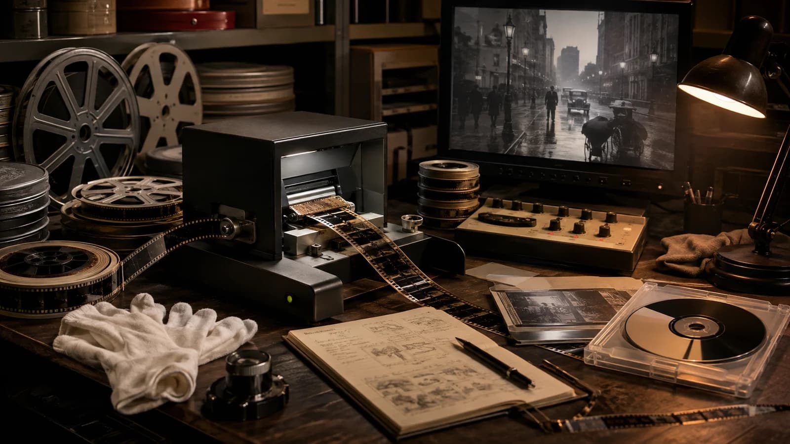 Ilustración de una mesa de restauración con película fotoquímica, escáner y herramientas de trabajo