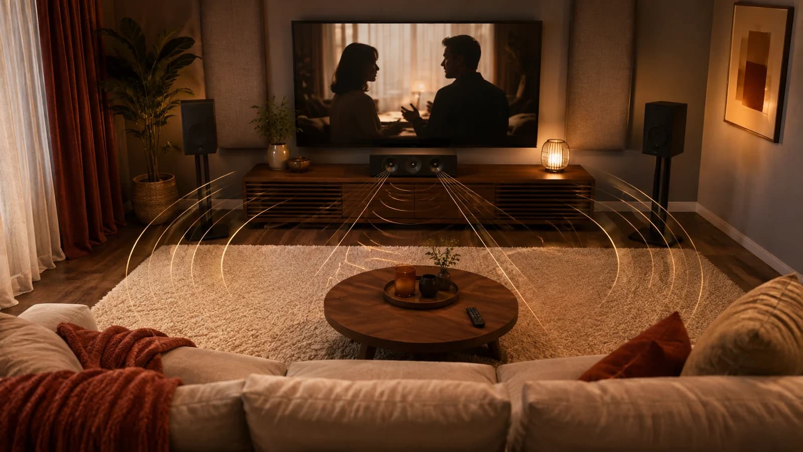 Ilustración de un salón de cine doméstico con altavoz central orientado hacia el asiento